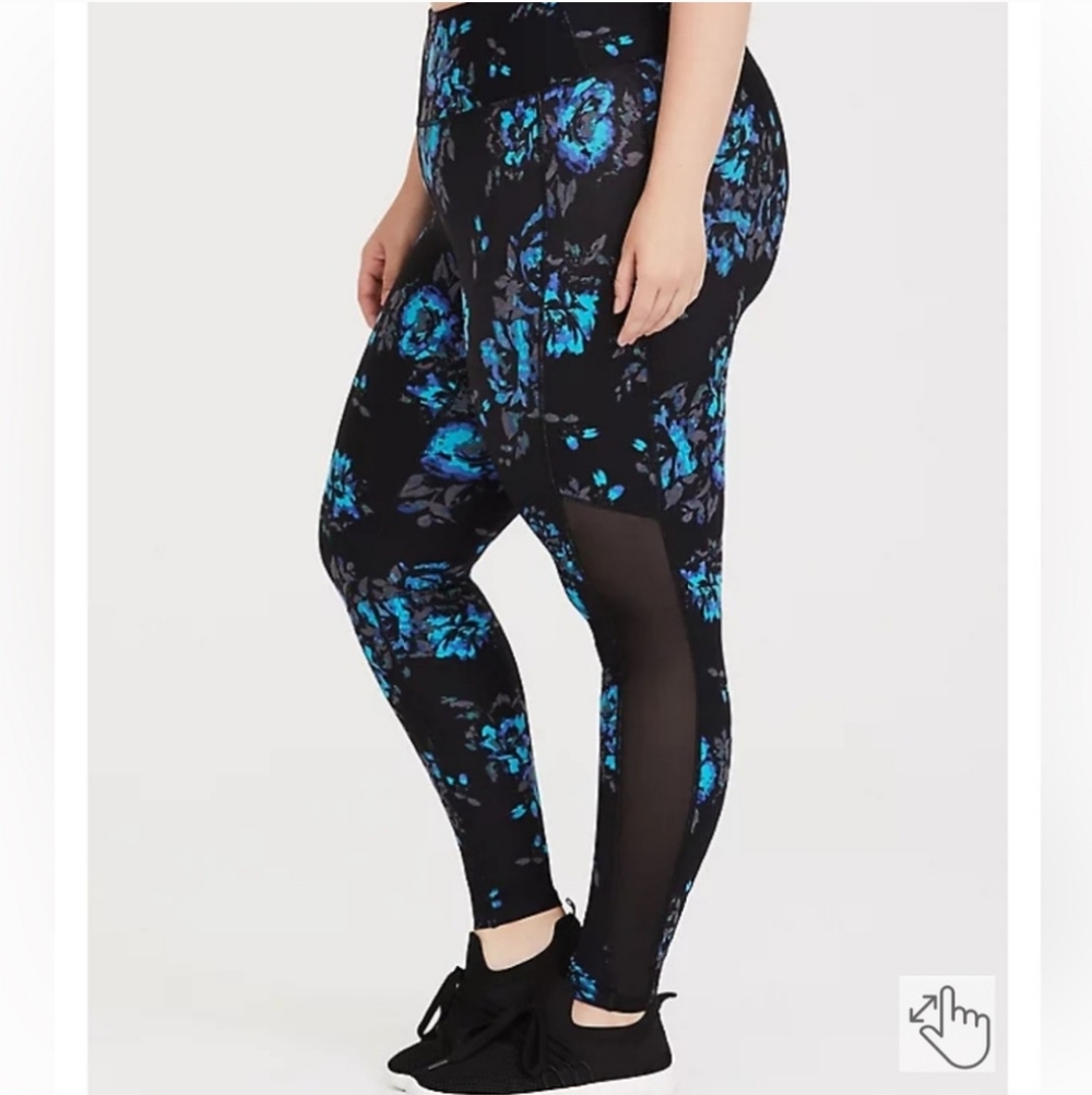 TORRID Floral Black Blue Active Leggings Mesh Panel Full Length
